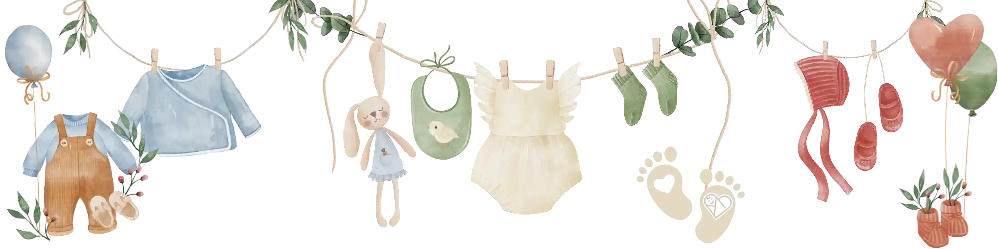 Baby Erstausstattung Banner mit gezeichneter Baby Kleidung.