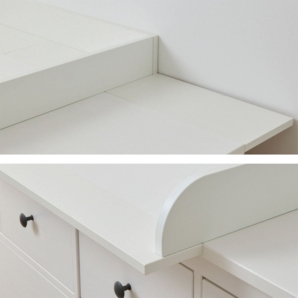 Das Bild zeigt zwei Detailaufnahmen eines weißen Wickelaufsatzes, der auf einer IKEA Hemnes Kommode montiert und hinten an der Wand befestigt ist. In der oberen Bildhälfte ist die seitliche und hintere Begrenzung des Aufsatzes zu sehen, die bündig an der Wand anliegt. In der unteren Bildhälfte erkennt man die abgerundete Seitenwand des Aufsatzes.