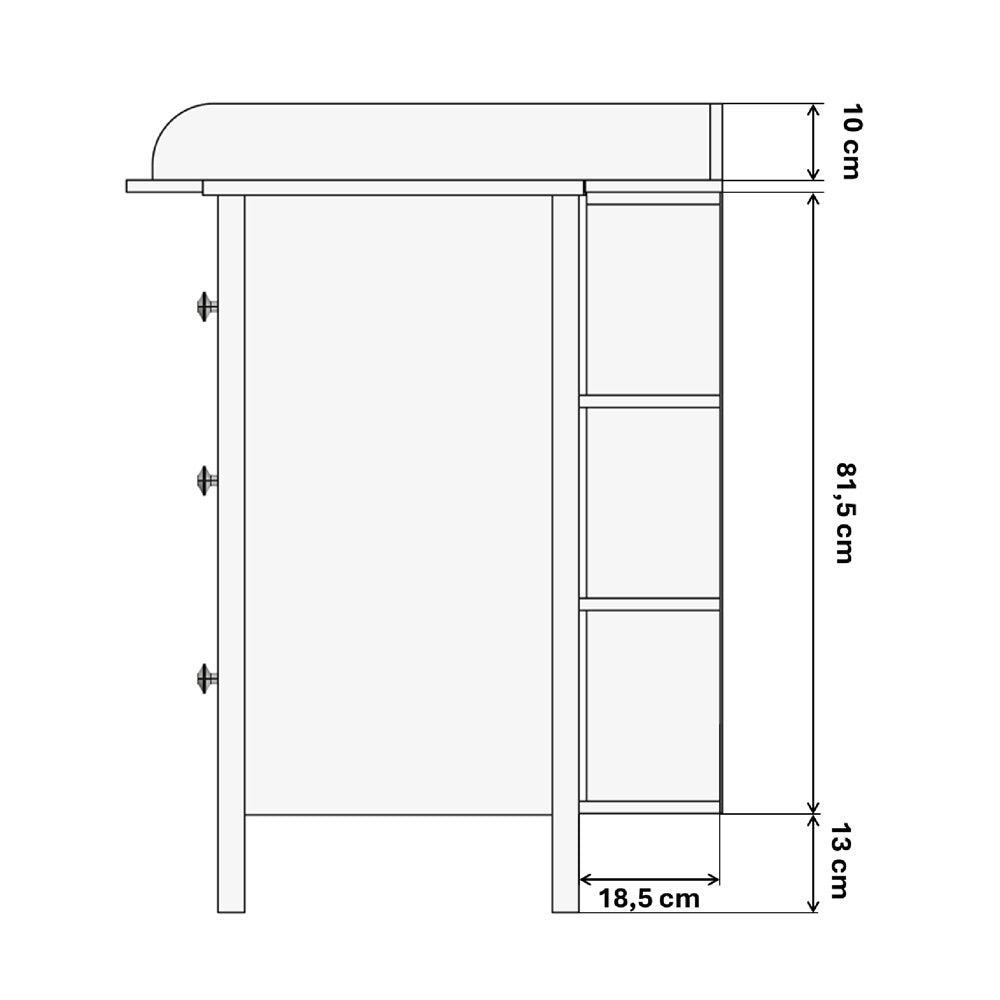 Technische Zeichnung mit Maßangaben von einer IKEA Hemnes Kommode mit Wickelaufsatz und Stauraumregal.