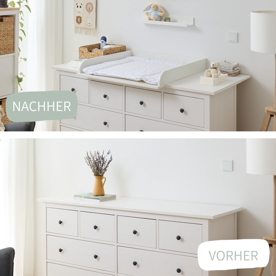 Eine IKEA Hemnes Kommode, einmal als Sideboard in einem Wohnzimmer und einmals als Wickelkommode mit einem Wickelaufsatz ein einem Babyzimmer.