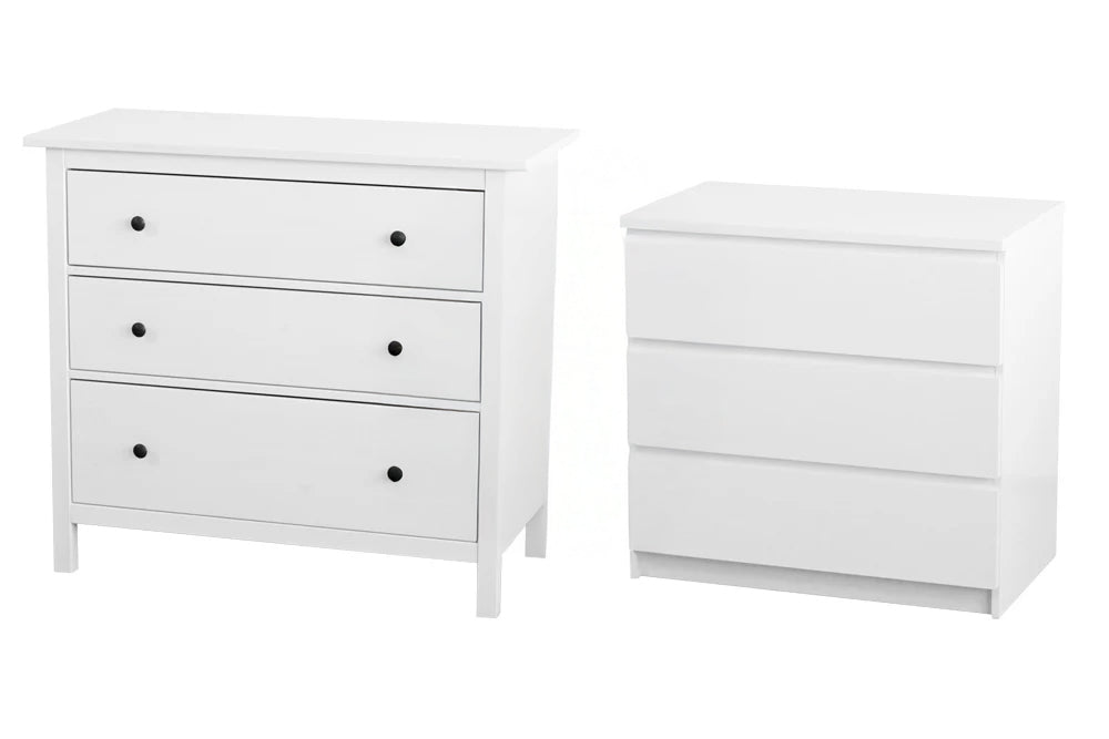 Hemnes und Malm Kommode mit 3 Schubladen im direkten Vergleich nebeneinander.