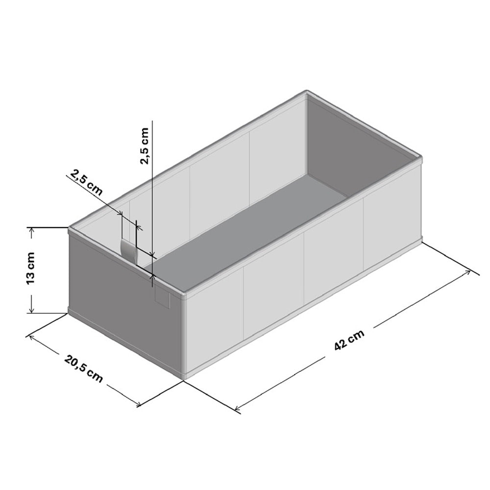 Technische Zeichnung eines Schubladen Organizers für die Hemnes Kommode von IKEA mit entsprechenden Maßangaben.