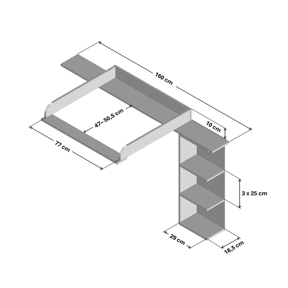 Technische Zeichnung vom großen Hemnes Wickelaufsatz mit Stauraumregal und entsprechenden Maßangaben.