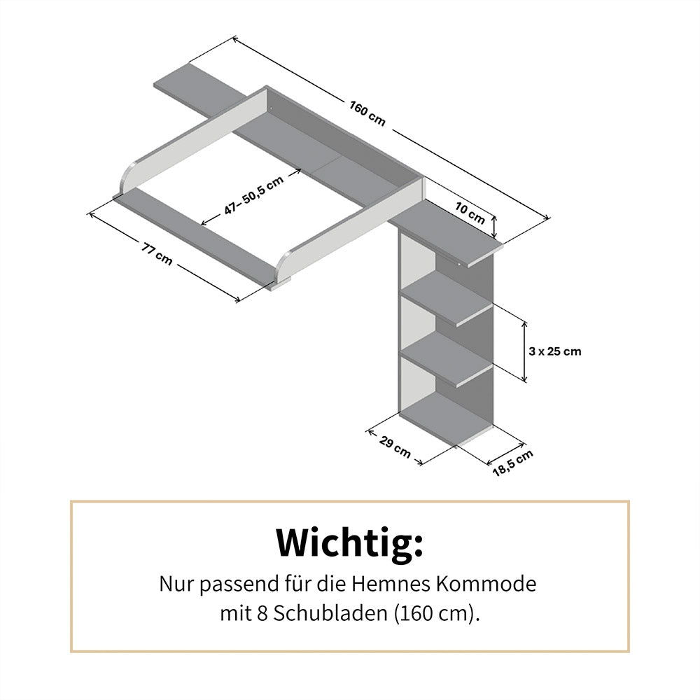 Technische Zeichnung vom großen Hemnes Wickelaufsatz mit Stauraumregal und entsprechenden Maßangaben.