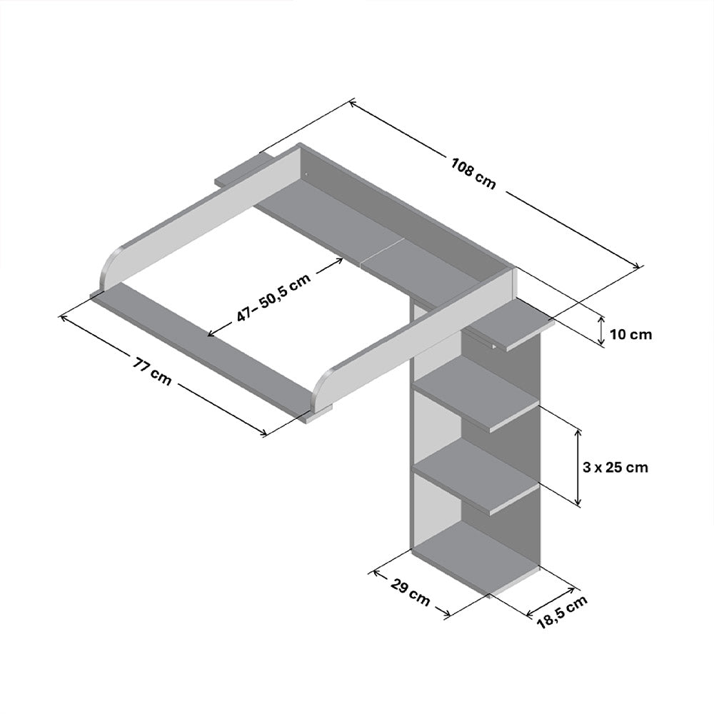 Technische Zeichnung vom kleinen Hemnes Wickelaufsatz mit Stauraumregal und entsprechenden Maßangaben.