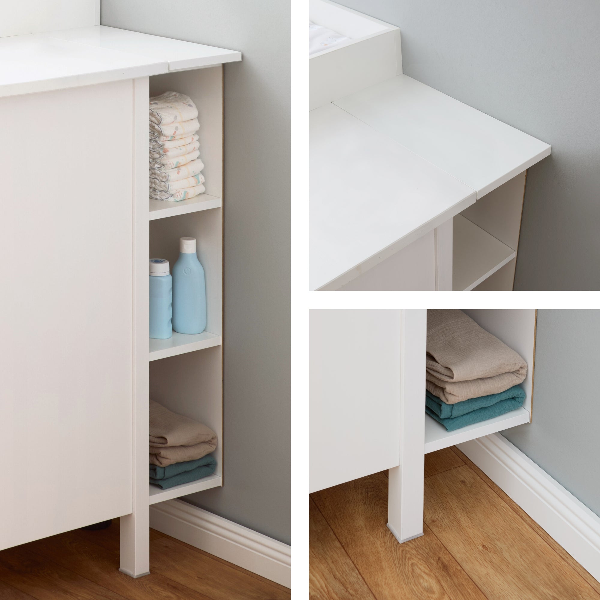 Große Hemnes Kommode als eingerichteter Wickeltisch mit Wickelaufsatz, Stauraumregal und Wickelzubehör.