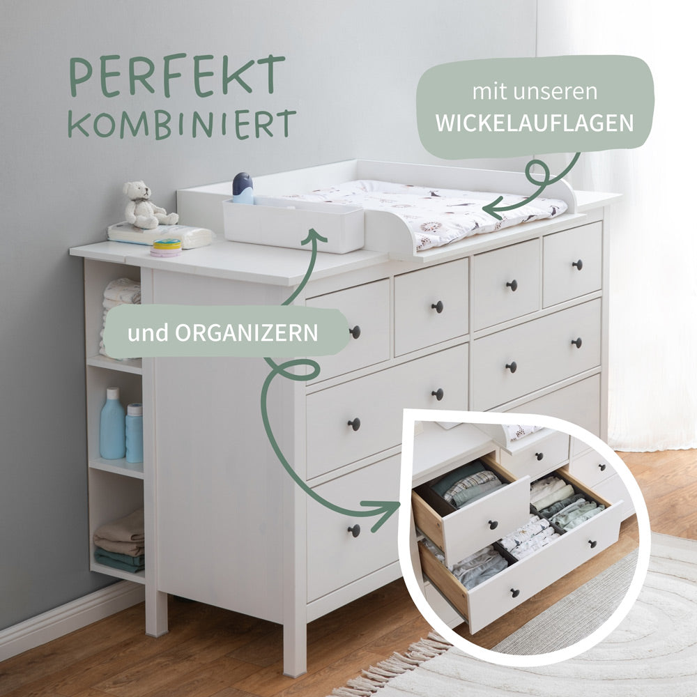 Große Hemnes Kommode als Wickeltisch mit Wickelaufsatz, Wickelauflage, Stauraumregal und Organizern.