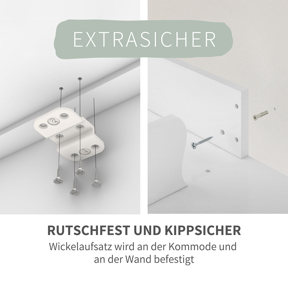 Befestigung von Hemnes und Malm Wickelaufsatz an IKEA Kommode und Wand.