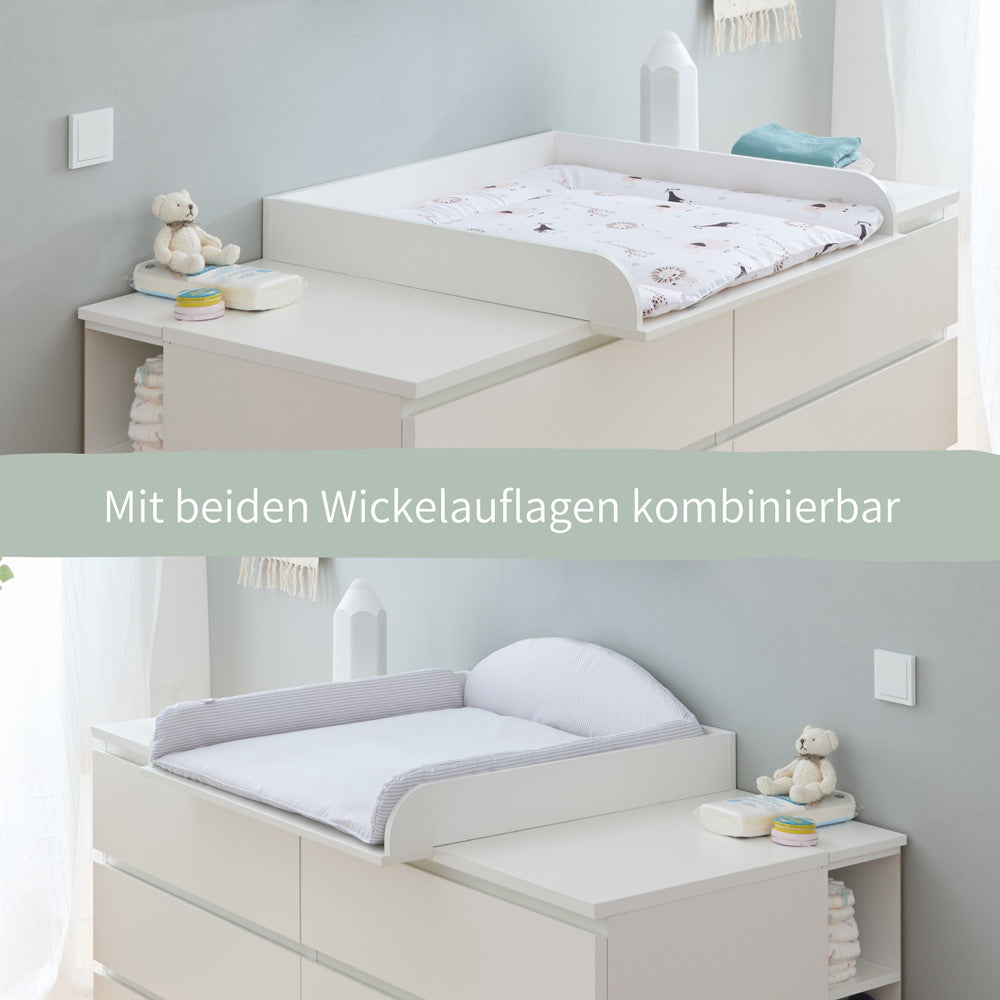 Große Malm Kommode als Wickeltisch mit 2 verschiedenen Wickelauflagen.