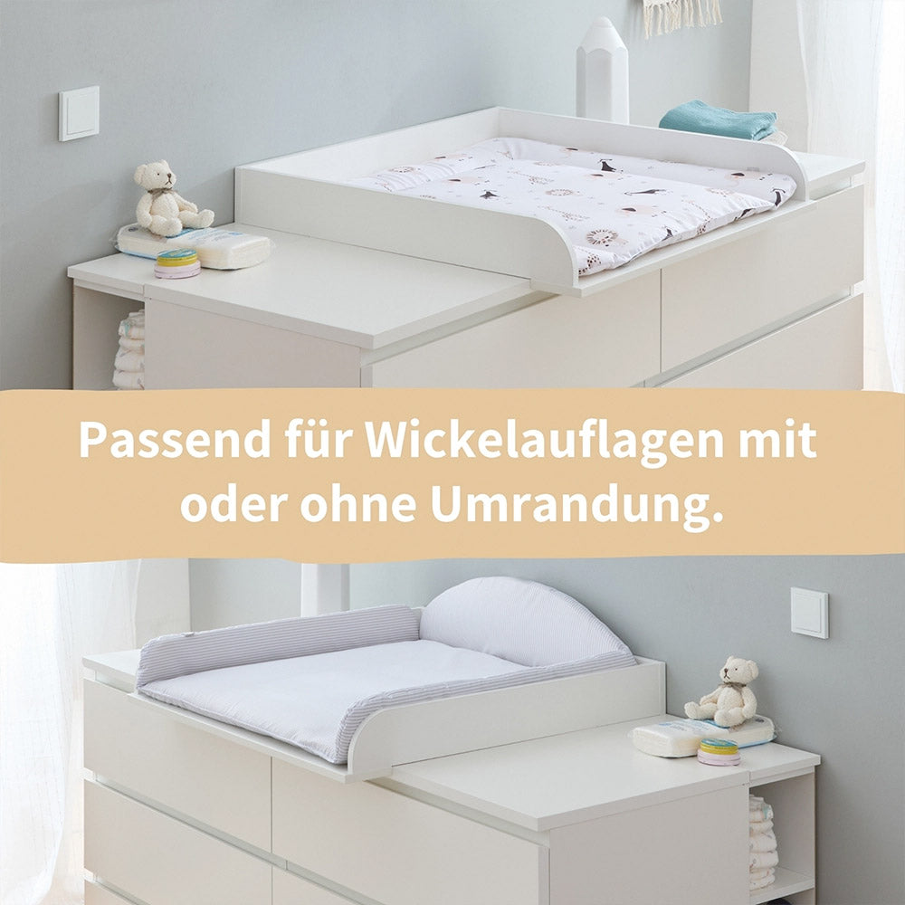 Große Malm Kommode als Wickeltisch mit 2 verschiedenen Wickelauflagen.