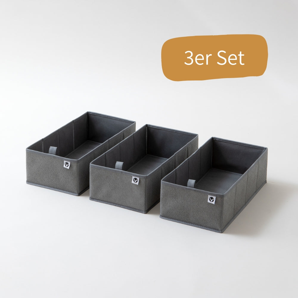 Das Schubladen-Set besteht aus 3 faltbaren Boxen, die sich mit einer Lasche sehr einfach zusammenfalten und in die Malm Kommode einsetzen lassen.