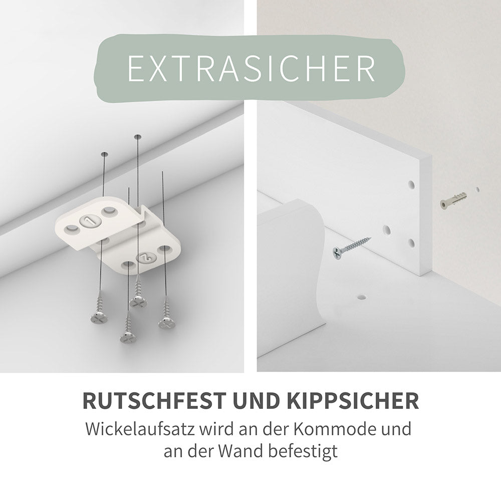 Befestigung von Nordli Wickelaufsatz an IKEA Kommode und Wand.