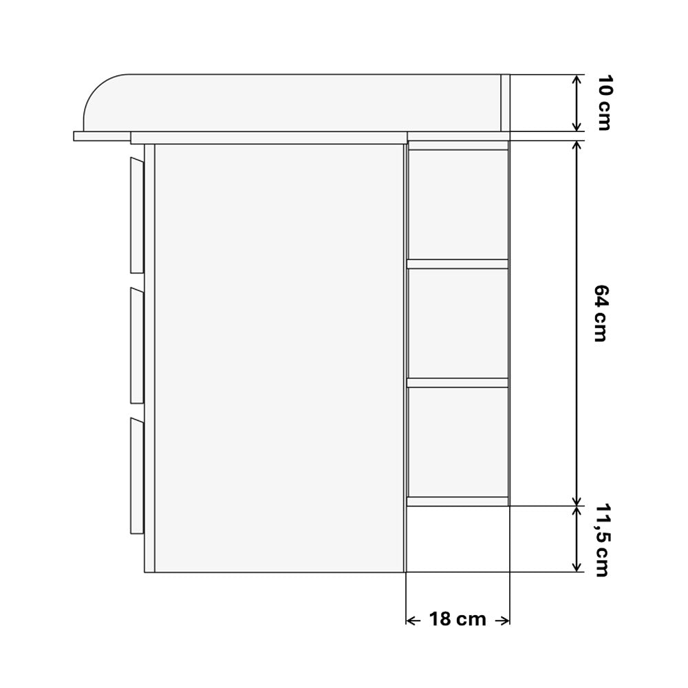 Seitliche, technische Zeichnung einer großen Malm Kommode mit Wickelaufsatz und Stauraumregal und entsprechenden Maßangaben.