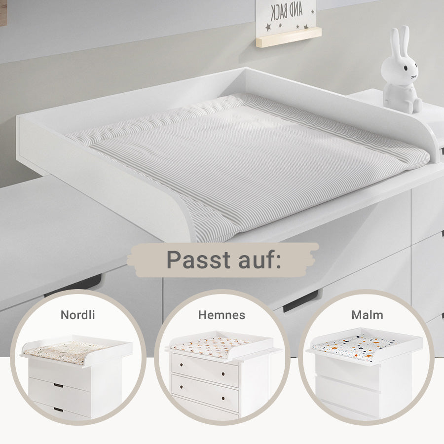 Wickeltischauflage in einem dafür passenden Wickelaufsatz mit dem Hinweis, dass diese mit verschiedenen IKEA Kommoden kombinierbar ist.