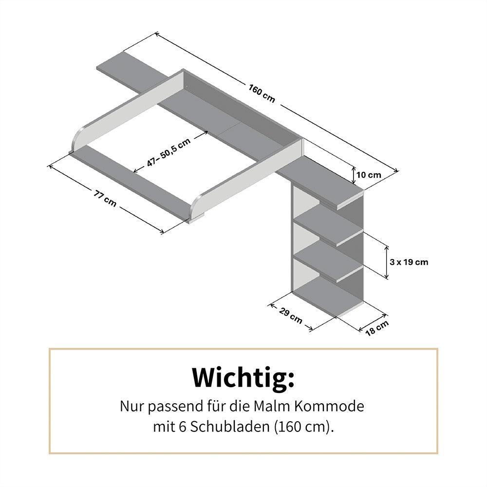 Technische Zeichnung vom Malm Wickelaufsatz groß mit Stauraumregal und entsprechenden Maßangaben.