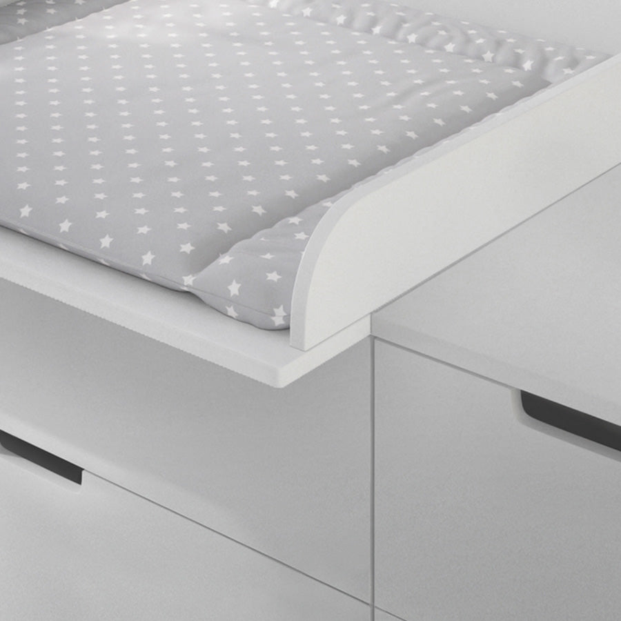 Detail der Ecke eines Wickelaufsatzes, der auf einer IKEA Nordli Kommode montiert ist und in dem eine Wickelauflage liegt.
