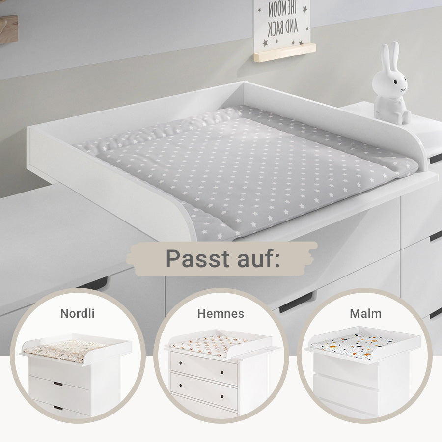 Wickelaufsatz mit eingelegter Wickelauflage auf einer IKEA Kommode montiert. In kleinen runden Feldern sind weitere Beispiele auf anderen Wickelkommoden zu sehen.