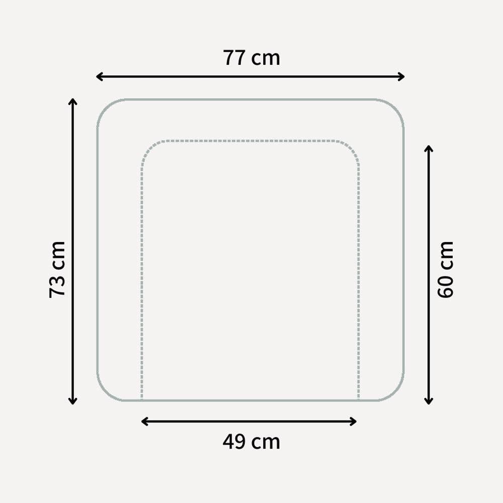 Skizze einer Wickelauflage mit Angaben zu Außen- und Liegeflächen-Abmessungen.
