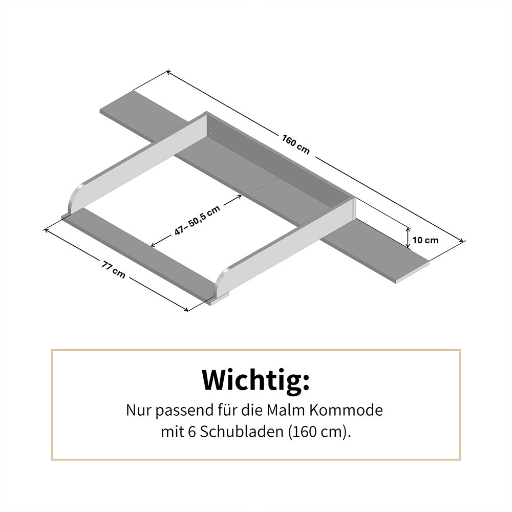Technische Zeichnung von einem Wickelaufsatz für die große Malm Kommode mit entsprechenden Maßangaben.