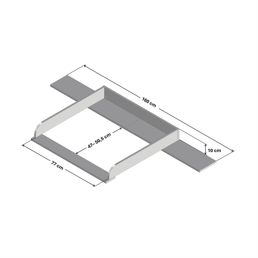 Technische Zeichnung von einem Wickelaufsatz für die große Nordli, Malm und Hemnes Kommode mit entsprechenden Maßangaben.