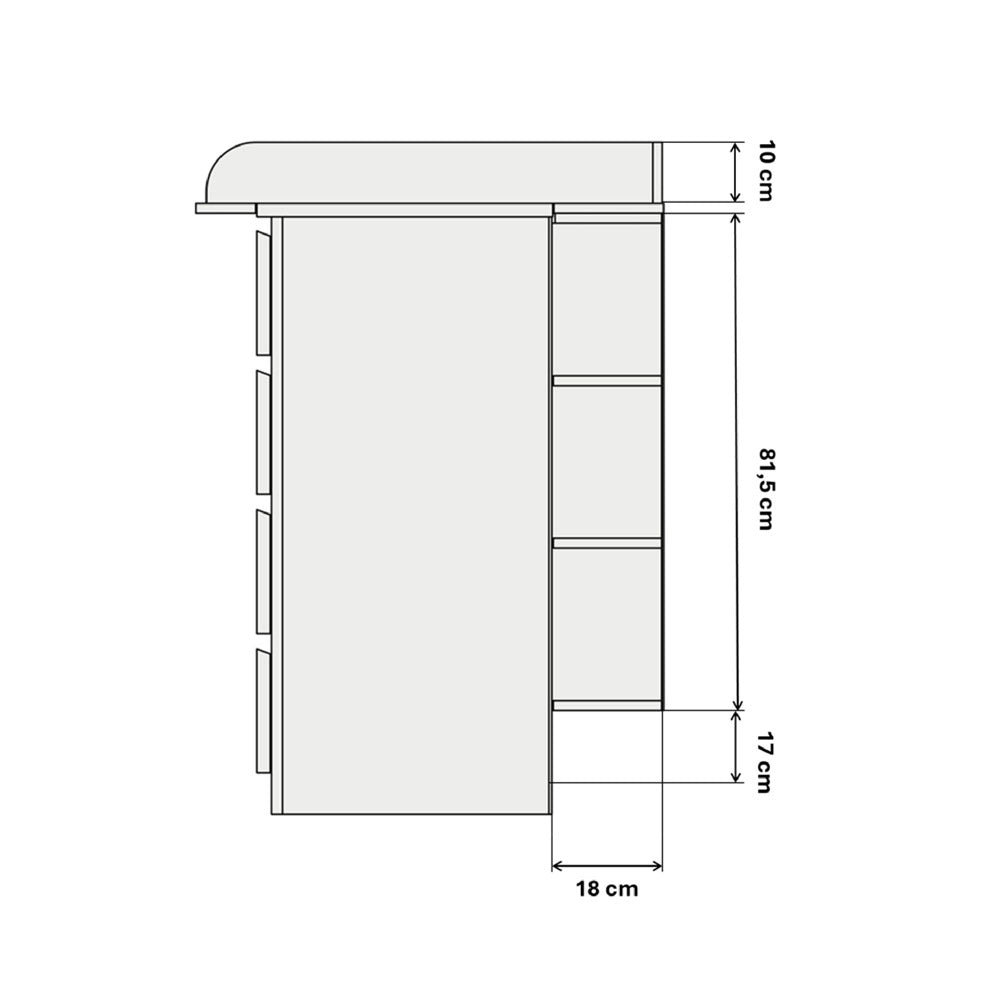 Technische Zeichnung von der Malm Wickelkommode mit Stauraumregal und entsprechenden Maßangaben.