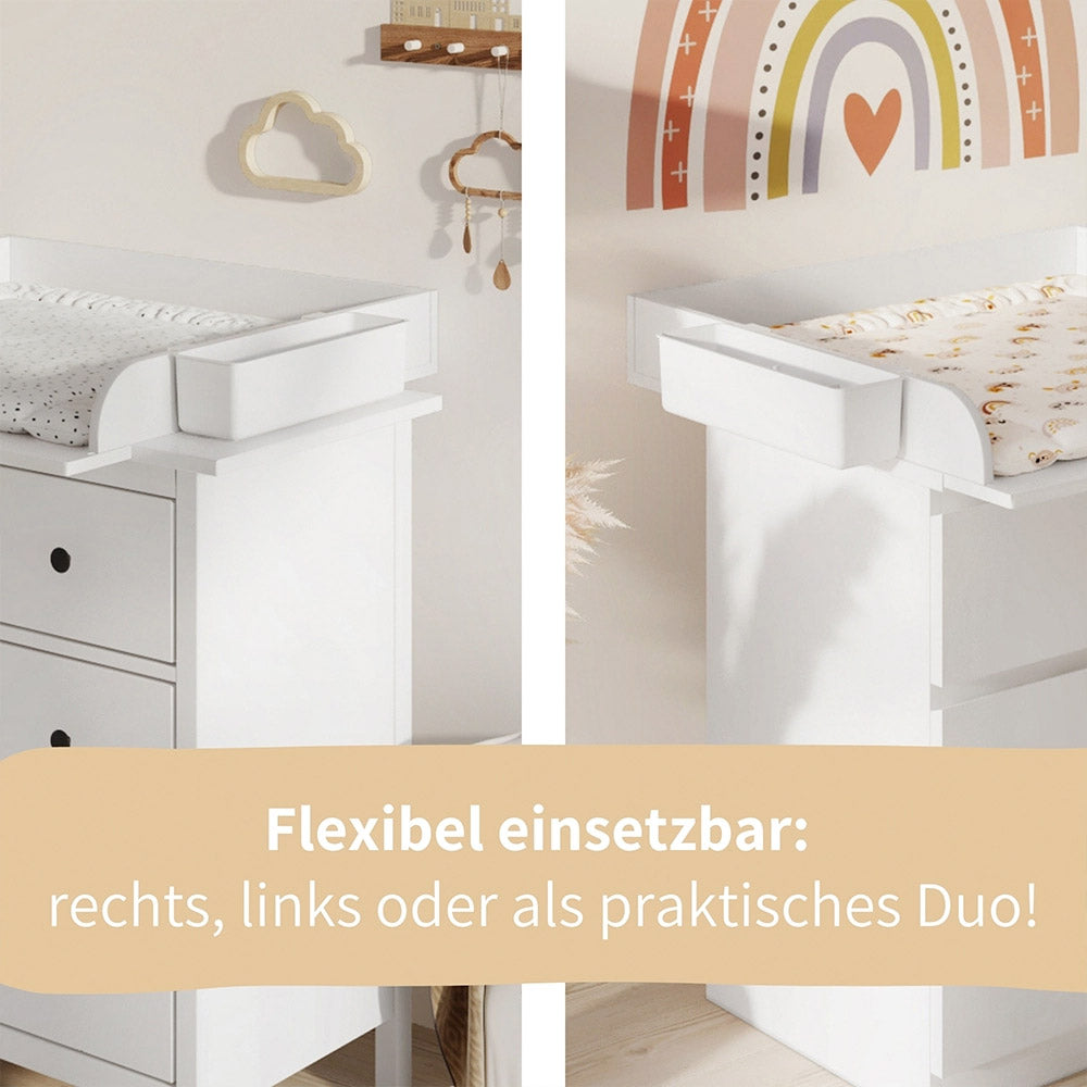 Ein Vergleichsbild, auf dem man links eine weiße IKEA Malm Kommode mit Wickelaufsatz und Wickeltisch Organizer sieht. Rechts das gleiche nur mit einer weißen Hemnes Kommode.