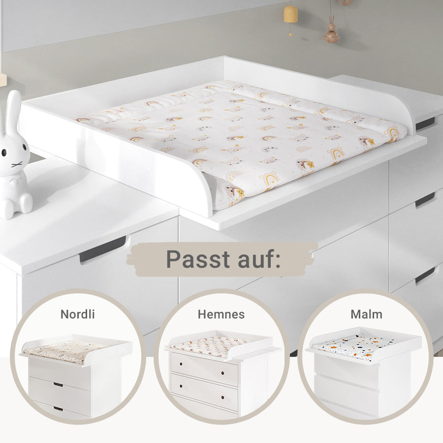 Wickeltischauflage im Einsatz: Auf einer breiten Nordli ist ein weißer Wickelaufsatz angebracht in dem eine Wickelunterlage liegt. In kleineren runden Feldern sind weitere Beispiele auf anderen IKEA-Kommoden zu sehen.