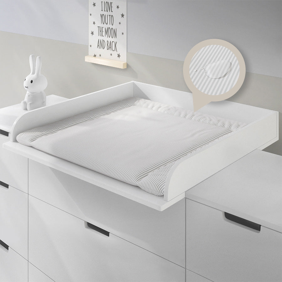 Wickelauflage in Kombination mit Wickelaufsatz auf einer Kommode liegend. Ein Bereich ist herausgezoomt: es zeigt einen Tropfen auf der Oberfläche, der das wasserabweisende Material dokumentieren soll.