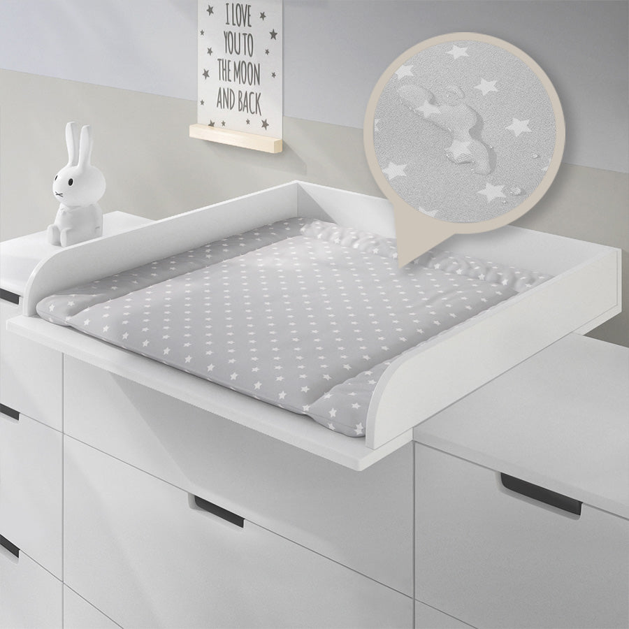 Wickeltisch mit grauweißer Auflage auf einer IKEA Kommode. Ein Detailausschnitt mit einem Tropfen symbolisiert Wasserfestigkeit.