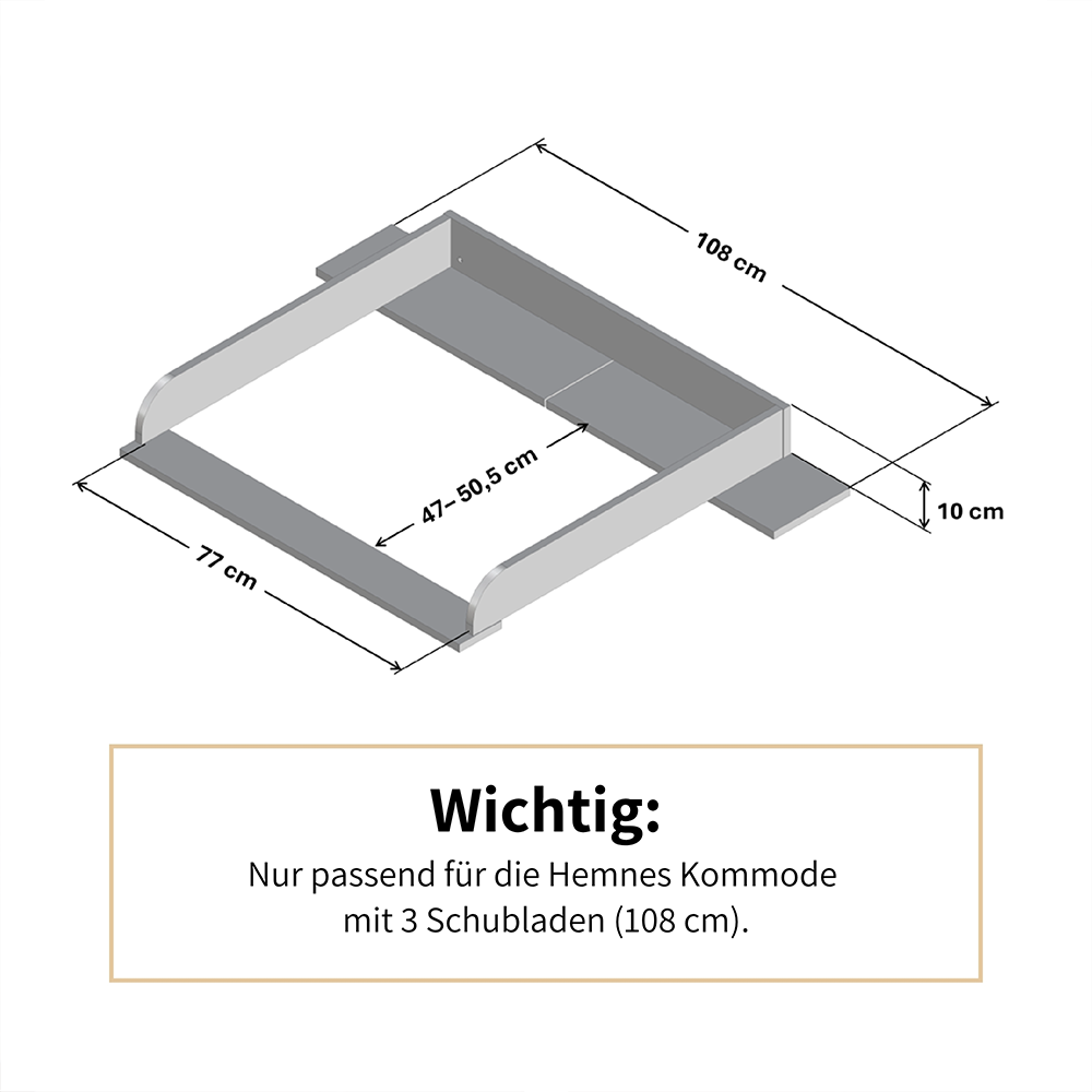 Technische Zeichnung von einem Hemnes Wickelaufsatz für die kleine Hemnes Kommode mit entsprechenden Maßangaben.