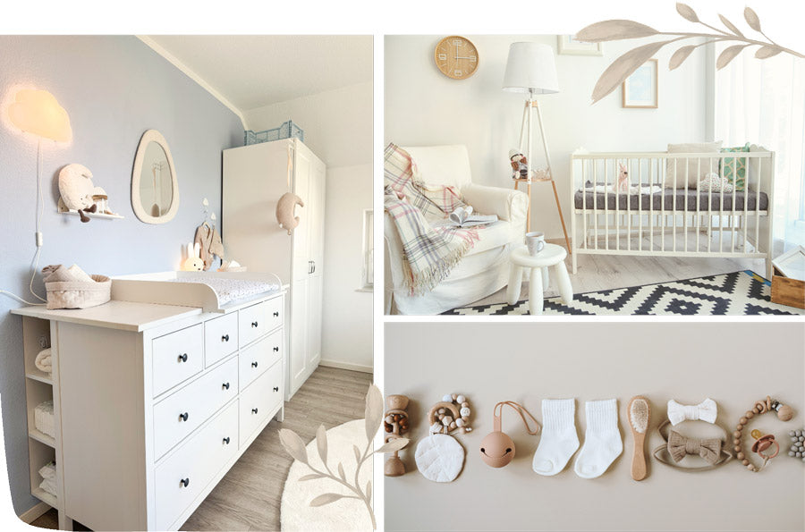 Bildercollage von einem eingerichteten Babyzimmer mit Wickelkommode, Sessel, Schrank und Babybett.