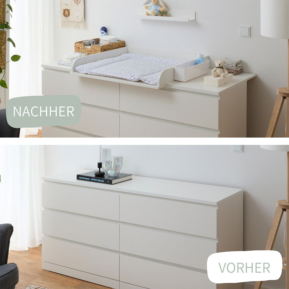 Eine IKEA Malm Kommode, einmal als Sideboard in einem Wohnzimmer und einmal als Wickelkommode, mit einem Wickelaufsatz, in einem Babyzimmer.
