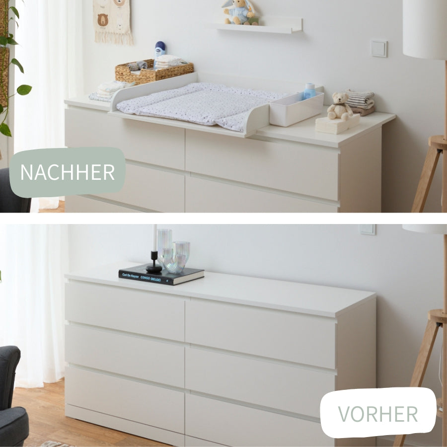 Eine IKEA Malm Kommode, einmal als Sideboard in einem Wohnzimmer und einmal als Wickelkommode, mit einem Wickelaufsatz, in einem Babyzimmer.