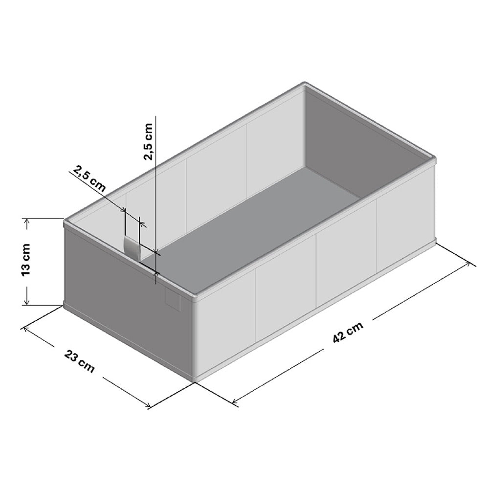 Maßangaben einer einzelnen Schubladenbox für die IKEA Malm Kommode: Breite = 23 cm, Höhe = 13 cm, Tiefe = 42 cm