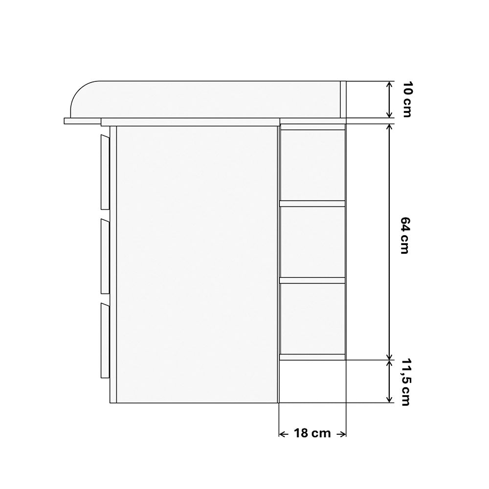 Technische Zeichnung der IKEA Malm Kommode mit Stauraumregal und Wickelaufsatz von der Seite. 