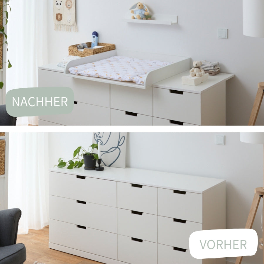 Eine IKEA Nordli Kommode mit 8 Schubladen, einmal als Sideboard in einem Wohnzimmer und einmal als Wickelkommode, mit einem Wickelaufsatz, in einem Babyzimmer.