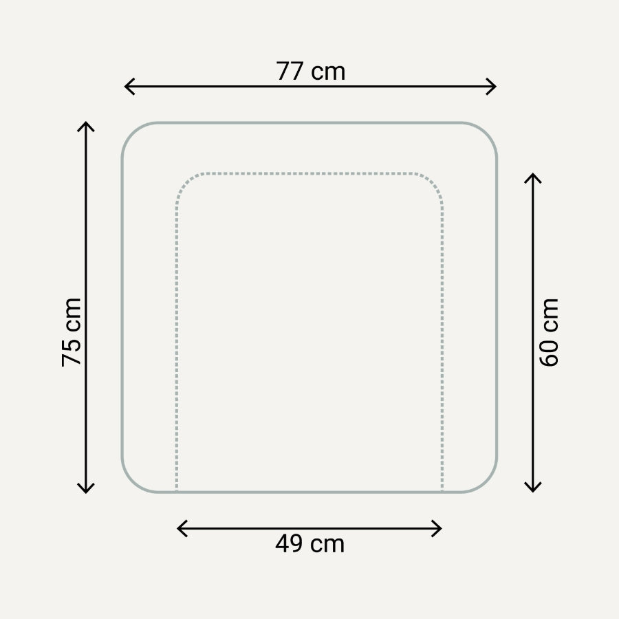 Die Maße der Wickelauflage sind folgendermaßen: Breite 77 cm (Innenbreite 49 cm) und Länge 75 cm (Innenlänge 60 cm).