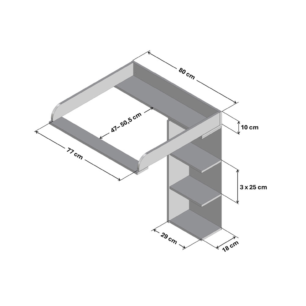 Technische Zeichnung vom Wickelaufsatz Malm mit Stauraumregal und entsprechenden Maßangaben.