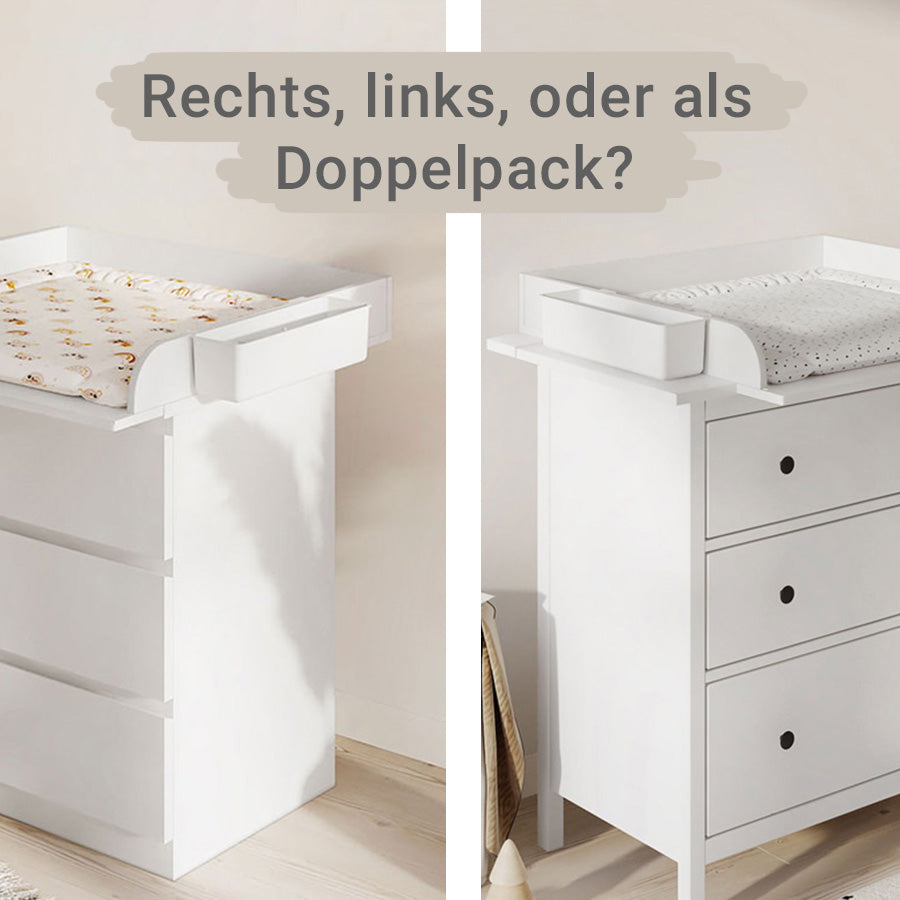 Ein Vergleichsbild, auf dem man links eine weiße IKEA Malm Kommode mit Wickelaufsatz und Wickeltisch Organizer sieht. Rechts das gleiche nur mit einer weißen Hemnes Kommode.