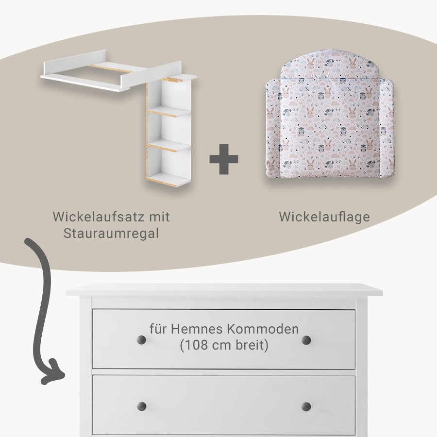 Übersicht über ein Wickeltisch Set, für die Hemnes Kommode von IKEA, das aus Wickelaufsatz, Wickelauflage und Stauraumregal besteht.