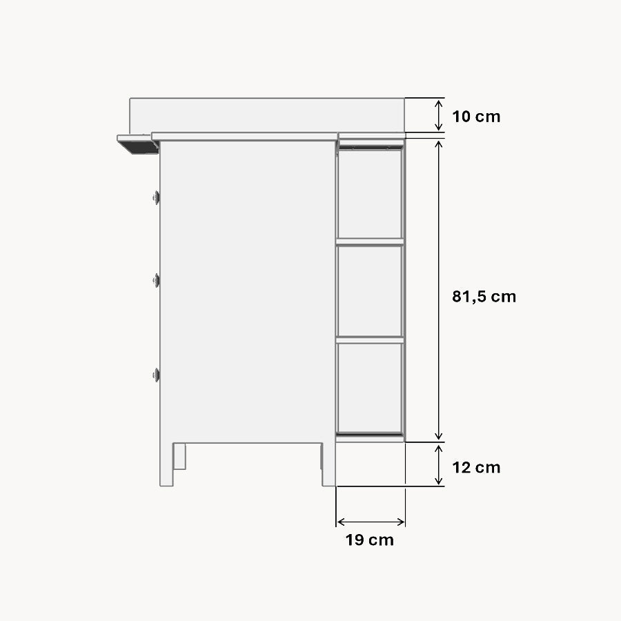 Technische Zeichnung einer Hemnes Kommode mit Stauraumregal mit entsprechenden Maßangaben.